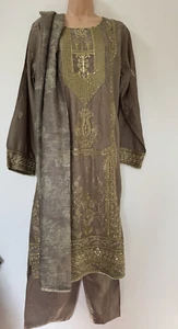 Salwar Kameez Pakistanischer Indischer 3 Teiler Pailletten Viskose Genäht Anzug Gr. L Grün - Bild 1 von 14