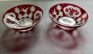Friedrich Egermann Antique 1910’s 2 Cut To Clear Small Red White Bowls Dishes - Picture 1 of 9