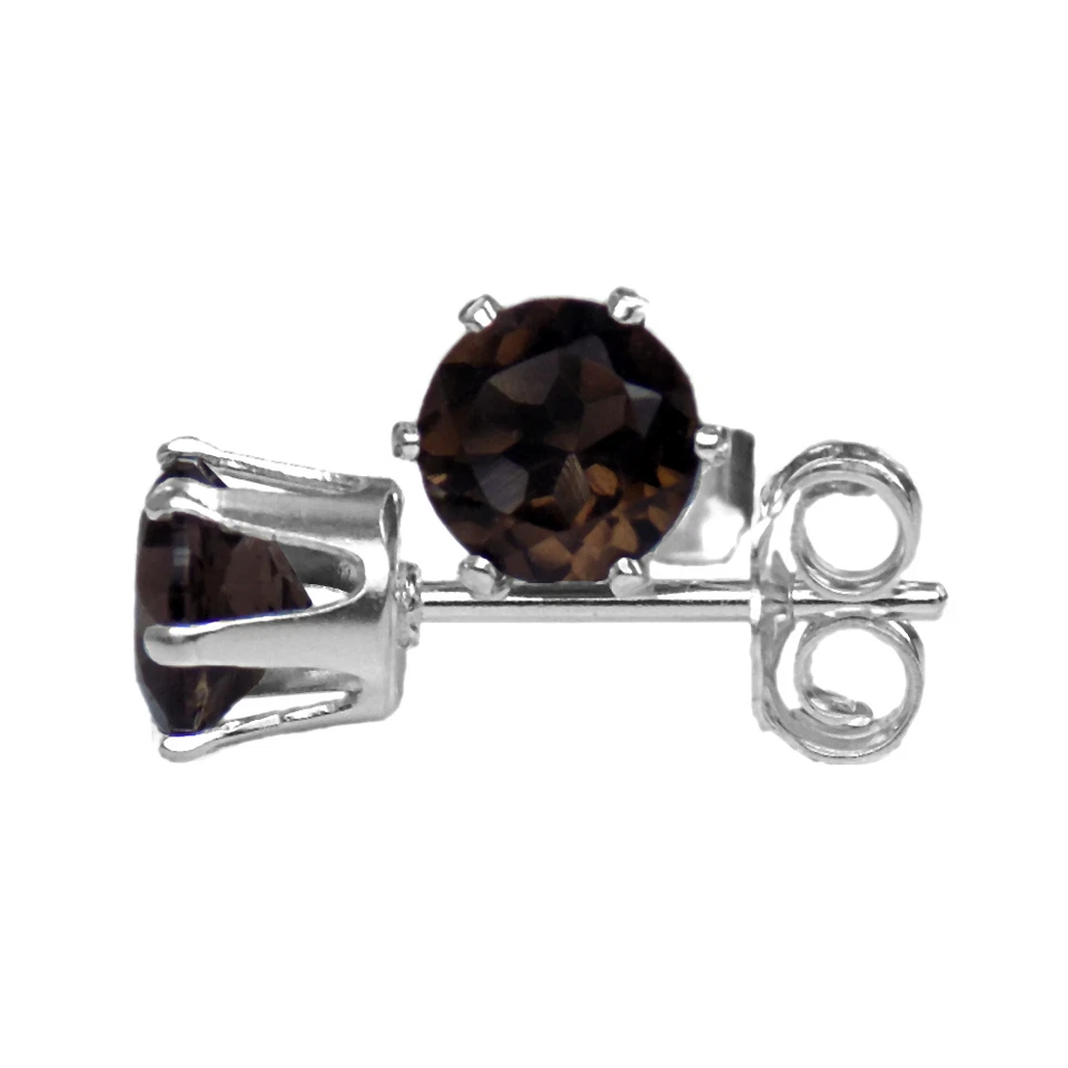 5mm ROUND GENUINE SMOKY / SMOKEY QUARTZ 925 STERLING SILVER STUD EARRINGS - Image 1 of 1