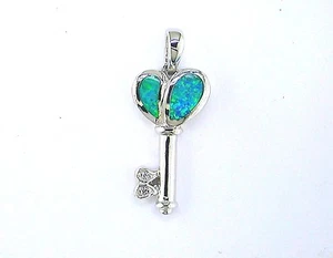 Created Blue Opal Inlay Key Pendant Sterling Silver - Picture 1 of 1