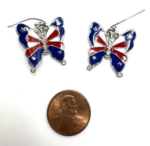 American Flag Butterfly Earrings Rhinestone 4th Of July - Picture 1 of 2
