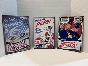 Pepsi Cola Metal Sign Lot Of 3 Tin Signs Red White Blue USA Police Clown Jet - Picture 1 of 4