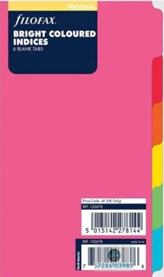 Filofax Personal size Bright Coloured 6 Blank Tabs Indices Insert Refill 132678