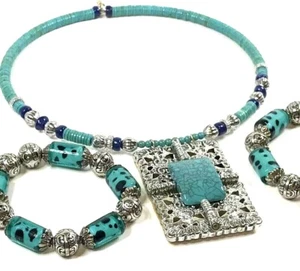 Conjunto de joyería turquesa para mujer collar con 2 pulseras elásticas azul-verde cuentas - Imagen 1 de 12