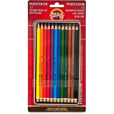 KOH I NOOR Polycolor Drawing Pencils, 3.8 Mm, Open Tin Blister Pack, 12 Assorted Colors/set