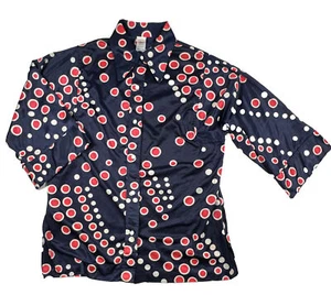 VTG JANTZEN Womens L Blue Pink Polka Dot Button Up Shirt 70s Stretch - Picture 1 of 9