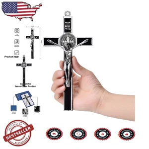 Schwarzes Emaille Kruzifix Wandkreuz - Sankt Benedikt Medaille - 7 Zoll heiliges Geschenk - Bild 1 von 9