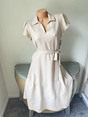 DKNY Shirt Dress Belted A Line Midi Womens 6 M Beige Ecru Johnny Tulip Gorgeous - Image 1 of 4