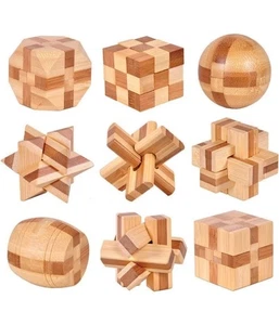 Set of 9 3D Wooden Brain Teaser Puzzles, IQ Challenge Puzzle Games, Montessori  - Picture 1 of 9