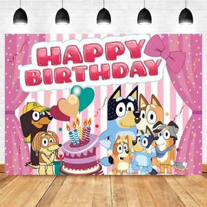 Bluey Motiv Geburtstag Party Rosa Hintergrund 5x3ft Happy Birthday Banner Dekoration - Bild 1 von 5