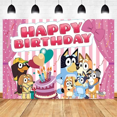 Bluey Theme Birthday Party Pink Backdrop 5x3ft Happy Birthday Banner Decoration - Image 1 of 4