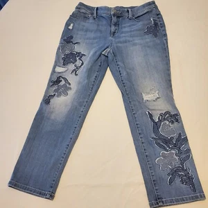 Chico Faded Denim Floral Accent Jeans Mid Rise 00 Stretch 28x24 Distressed  - Picture 1 of 16