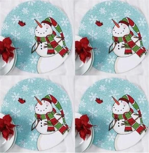 Smiling Snowman with Cardinal Blue Snowy Day Round Placemat Set of 4 - Picture 1 of 1