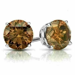 2.00 Ct Round Cut Simulated Brown Diamond Stud Earring 14K White Gold Plated - Picture 1 of 4