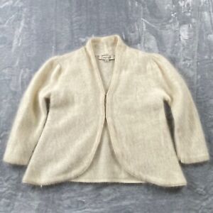 Reiss Cardigan Sweater Juniors Medium Ivory Angora Blend Hook & Eye 3/4 Sleeve