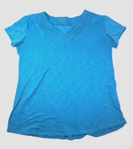 Kuhl Shirt Damen L Large blau Noppen Plissee V-Ausschnitt Kurzarm Drop Cut Saum - Bild 1 von 7