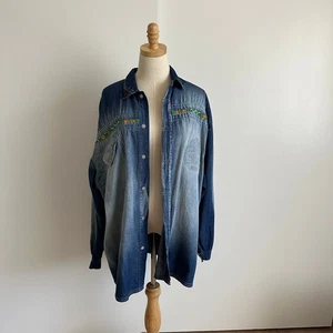 Vintage NO! Jeans Denim Shirt Jacket Beaded Detail Graphic Print Long Sleeve - Picture 1 of 7