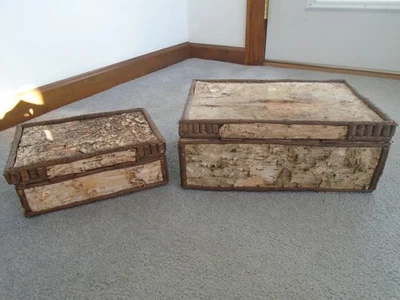 Set 2  Rustic Wooden Birch Bark Twig  Hinged Storage Boxes  Adirondack Cabin new - Image 1 of 4