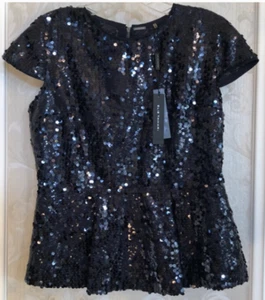 NEW WITH TAG Elie Tahari Justina Peplum Sequined Cap Sleeve Top Blouse Navy SZ M - Picture 1 of 1