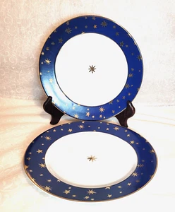 Blue Sakura Galaxy Porcelain Salad Plates 14k Gold Stars and Trim 8" Set of 2 - Picture 1 of 9