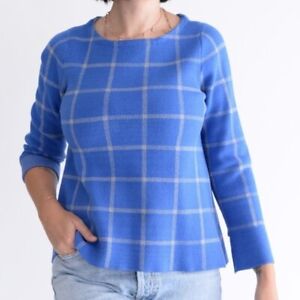 Cynthia Rowley Blue and White 26% Wool Checker Print Crewneck Shirt Size Med