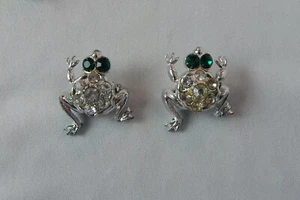 VINTAGE FROSCH KRÖTE STRASS DUETTE PAAR BROSCHEN SMARAGD STRASSAUGEN - Bild 1 von 4