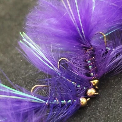 FRONTIER FLY COMPANY FLY FISHING FLIES BEAD HEAD FLASH A BUGGER SIZE 6 PURPLE CUSTOM TIED FRONTIER