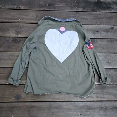 Chaqueta de comida chatarra XL para mujer signo de paz parches de amor verde militar  Foto 1 de 4
