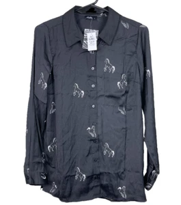 DOTTI Blouse Shirt Silky Button Up Black White Horses BNWT Size 8 - Picture 1 of 9