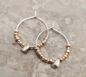 Silver Hoop Earrings With GOLD GLASS BEADS and SILVER HEARTS HANDMADE - Picture 1 of 5