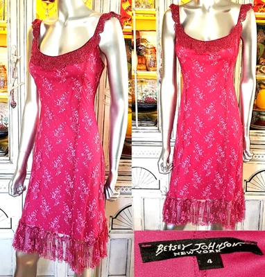 Betsey Johnson New York Vintage 90s Slip Dress Pink Mesh Floral Lace Sz 4 Small - Image 1 of 4