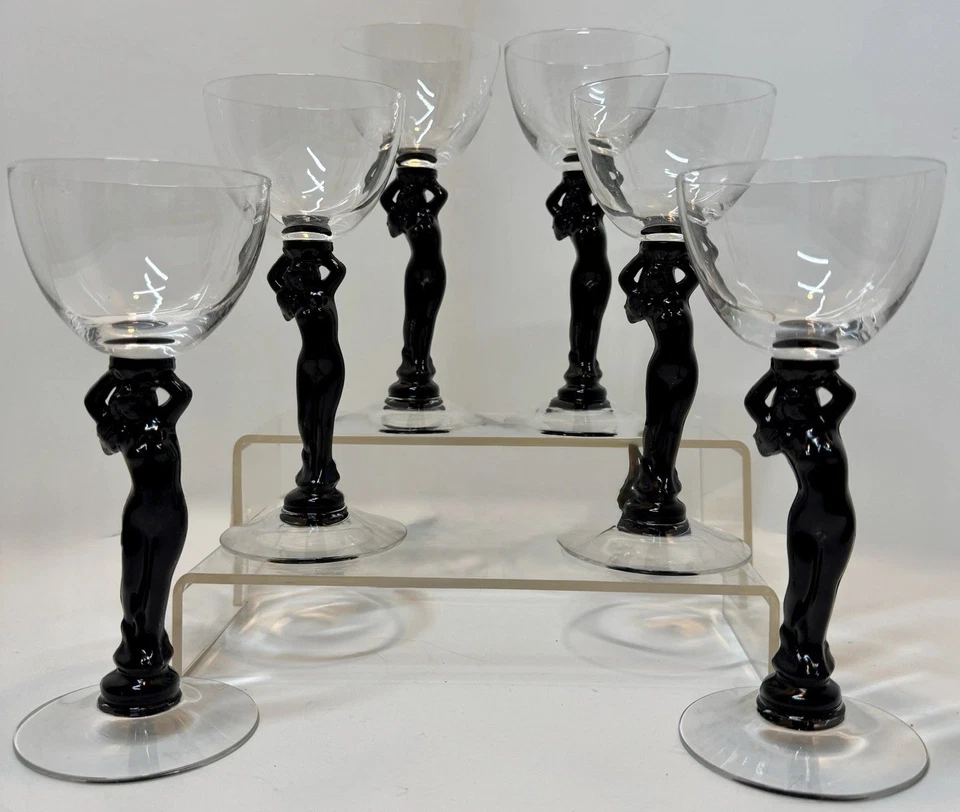 (6) CAMBRIDGE Glass Co. Art Deco Ebony Black Nude Stem Cocktail  Glasses Antique - Image 1 of 4