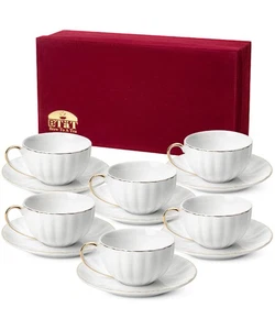 BTaT- Tazas y platillos de té blanco con caja de regalo, 7 oz, juego de 6 tazas de té juego de... - Imagen 1 de 8