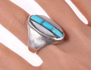 sz10.5 Zuni sterling Silver turquoise/shell Cobblestone inlay ring - Picture 1 of 7
