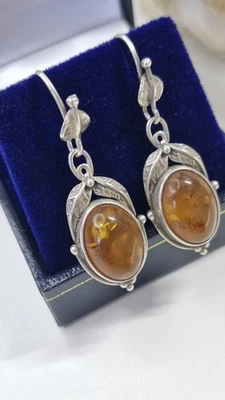 Sterling Silver Natural Amber Drop  Earrings VGC Boxed  — 第 1/4 张图片