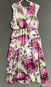 Maison Tara Dress 24W Pink Green Floral Chiffon Flowy Midi Beachy Classic Party - Picture 1 of 14