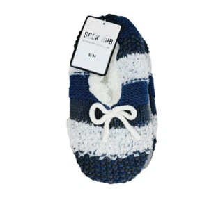 Sock Hub Ladies Knitted Sherpa Slippers Small Medium S M Blue White Striped New - Picture 1 of 3
