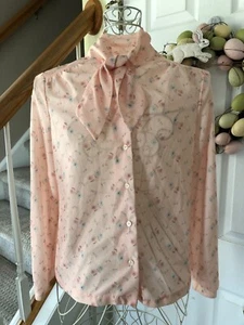 Women's Vintage 80s Career Secretary Blouse Peach Floral Print Neck Tie Small - Foto 1 di 1