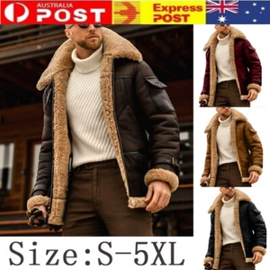 Men Winter Leather Bomber Jacket Warm Fur Suede Collar Biker Coat Outwear Tops - Picture 1 of 15