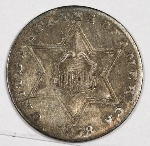 1858 Three Cent Silver.  VF.  183845 Cover