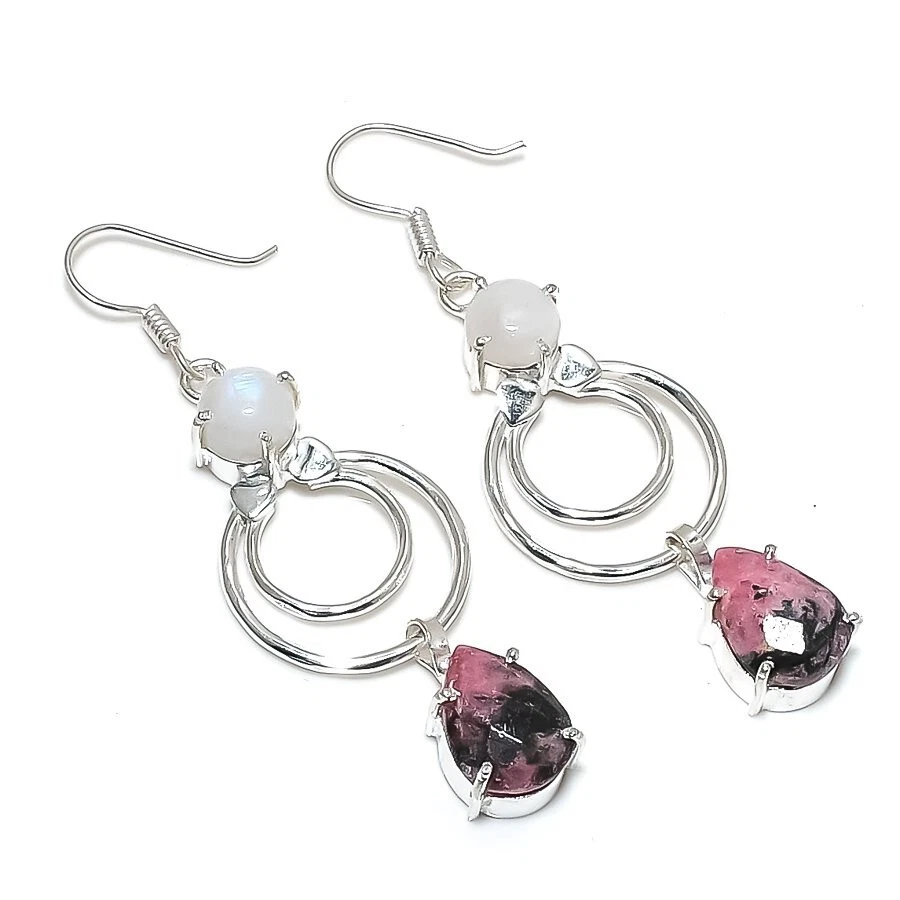 Pink Rhodonite Gemstone Handmade 925 Sterling silver Earring Size 2'' - Image 1 of 1