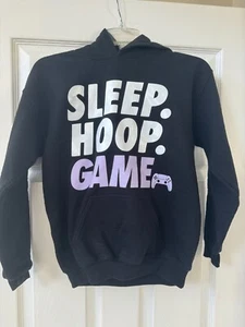 SLEEP. HOOP. GAME. YOUTH LARGE PULLOVER HOODIE * BLACK * GILDAN * BASKETBALL - Picture 1 of 3