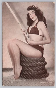 1950s Pin-up Arcade Card Barefoot Brunette in Bikini, Beauty, Fishing Pole, Sexy - Picture 1 of 4