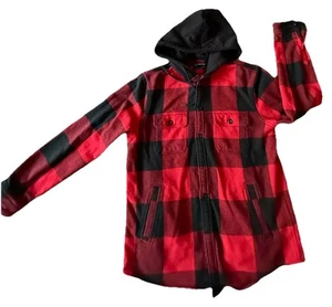 EXPRESS Men's Fleece Flannel Jacket With Hood LARGE RED BUFFALO PLAID BUTTONS - Picture 1 of 13