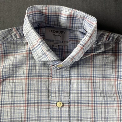 Camisa Ledbury Para Hombre Mediana Azul Rojo Blanco A Cuadros Calce Ajustado Abotonada Manga Larga Foto 1 de 4