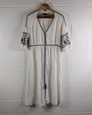 Vestido Zara Mujer S Blanco Bordado Floral Abotonado Caftán Midi Túnica Playa Foto 1 de 4
