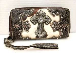 Cartera clutch bandolera Western - Cruz voladora con estrás marrón (7") - Imagen 1 de 7