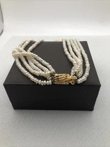 Vintage Genuine Rice Pearl Necklace 5 Strands Gold Tone Clasp 16 Inches Gift - Picture 1 of 11