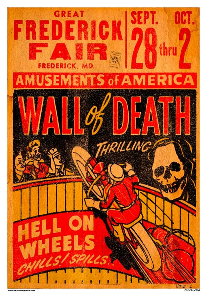 Vintage Motorcycle Racing Poster – Wall of Death County Fair Art Print - Image 1 of 1
