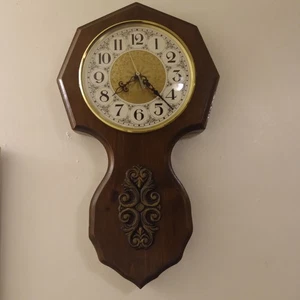 VTG Wood Metal Glass 70's Hanging Clock Dome Glass Door Tested Works Brown 20"L - Picture 1 of 13